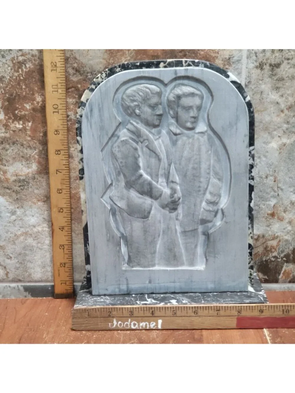 Handcrafted Stone Monument Bas Relief Carving Two Figures Side by Side Carved Ma